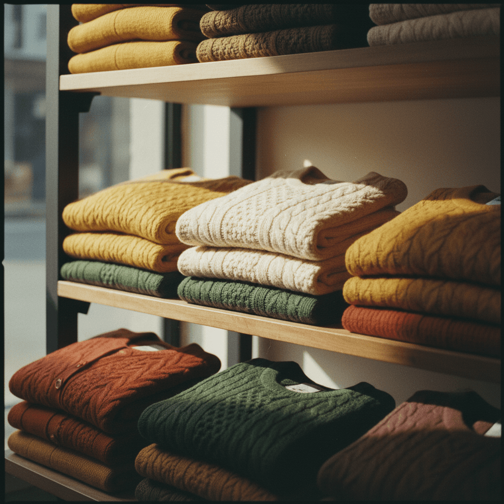 Folded fashion merchandise at Jaxes Markets