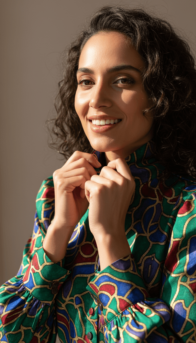 Woman wearing colorful patterned blouse