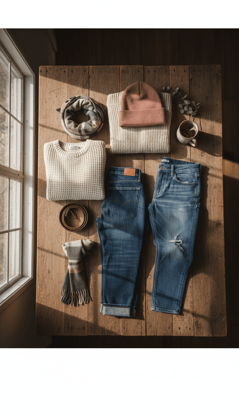 Flat-lay of folded clothing and accessories