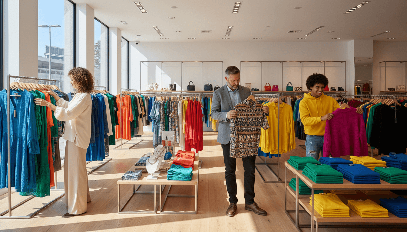 Customers shopping for affordable fashion at a Jaxes Markets store with bright natural lighting and organized clothing displays