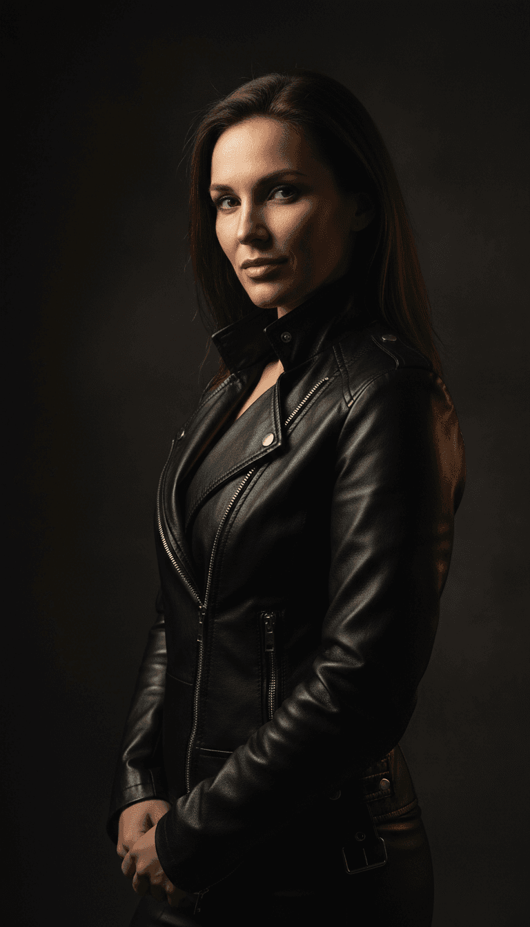 Woman in sleek leather jacket