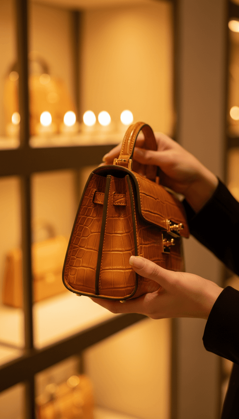 Hands examining designer handbag detail